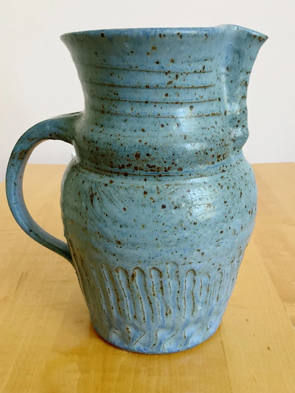 Signed Studio Art Pottery Pitcher Vase Blue Speckled Stoneware 8.25”
